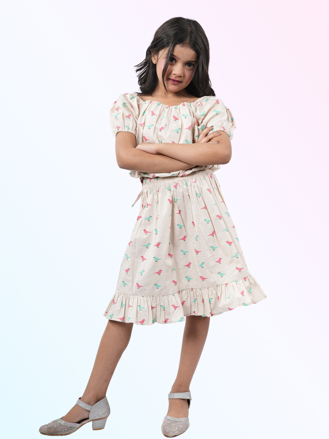 Girl's Printed Pure Cotton off-shoulder Top and Skirt Set