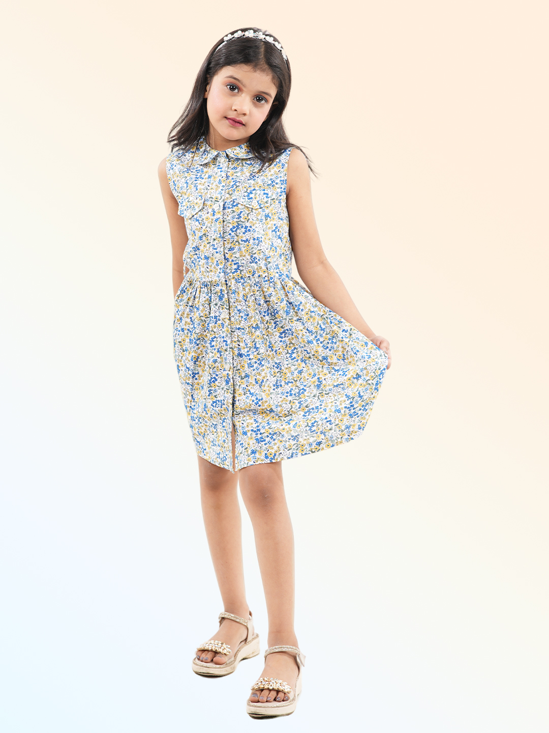 Girl's Floral Print Pure Cotton Peter Pan Collar Dress